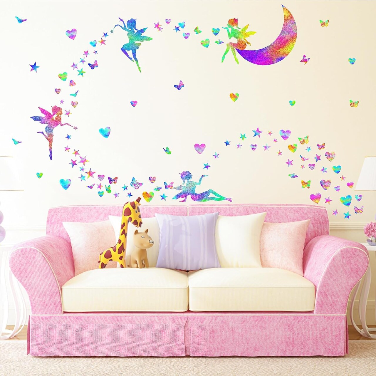 Colorful Fairy Wall Stickers Cute Heart Wall Stickers Butterfly Star Wall Stickers Girly Wall Decals Peel and Stick Pink Purple Fairy Wall Decals for Girls Bedroom Nursery Decor
